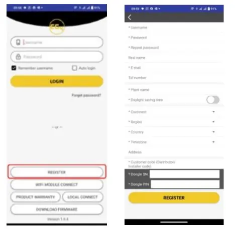 Mobile app registration screens
