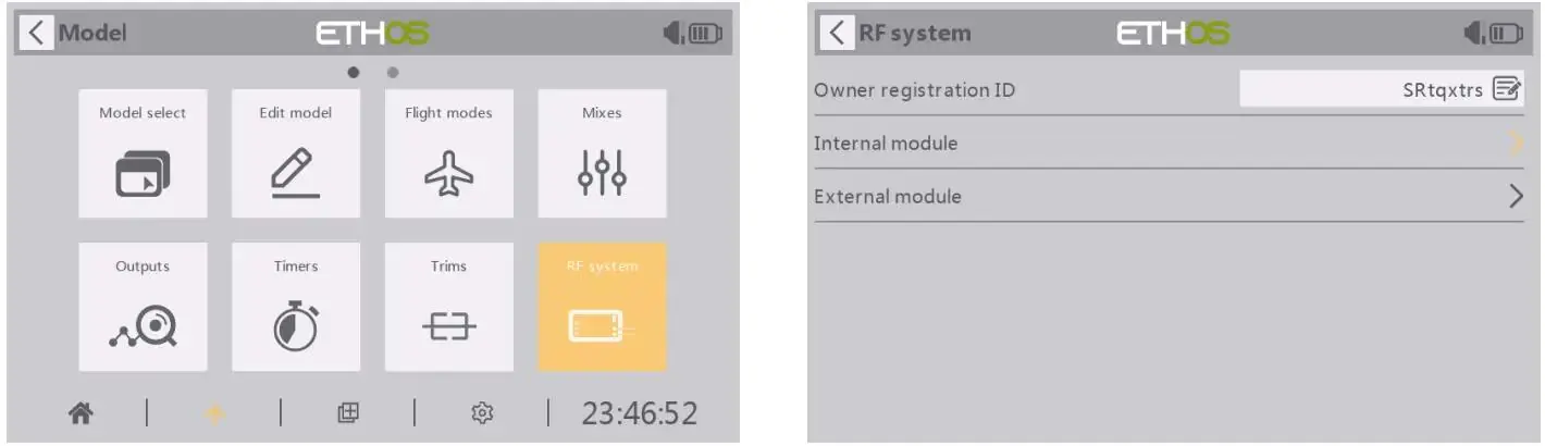 Access the RF system menu from the main screen.