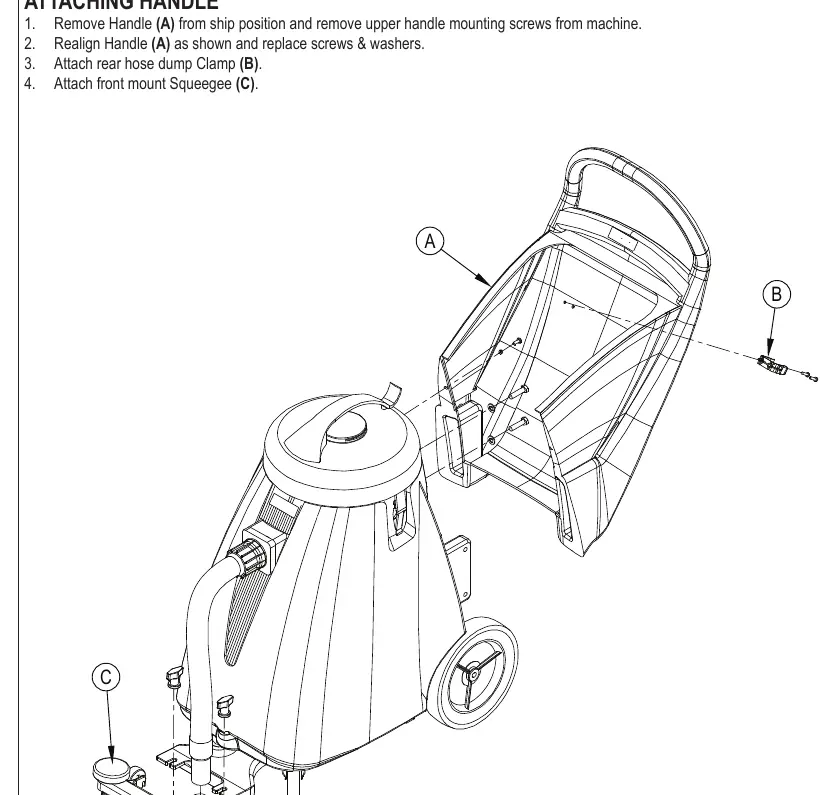 Assembly steps for attaching the handle, rear hose dump clamp, and front squeegee.