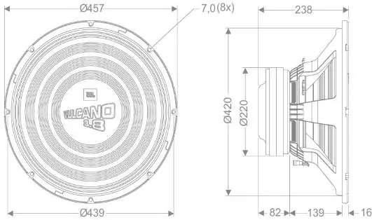 Technical dimensions of the 18SWV3.8 subwoofer in mm.