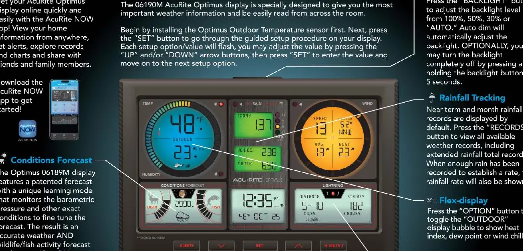 AcuRite Optimus display console showing weather data fields, including temperature, rainfall, wind speed, and lightning detection, with control buttons labeled SET, UP, DOWN, and...