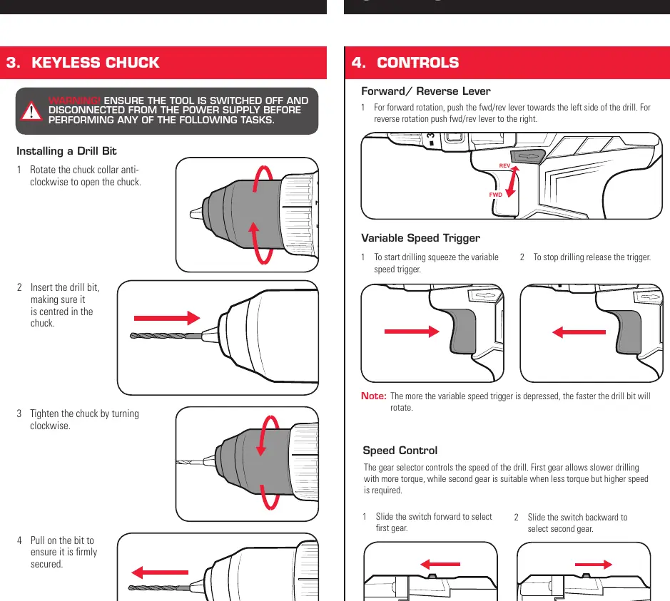 Step-by-step guide for installing a drill bit into the keyless chuck and operating the drill's controls, including the forward/reverse lever, variable speed trigger, and gear...