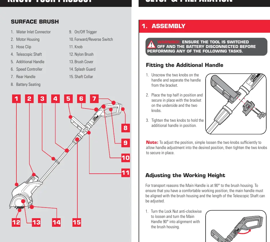 Step-by-step guide for attaching the additional handle to the telescopic shaft using the provided bracket and knobs.