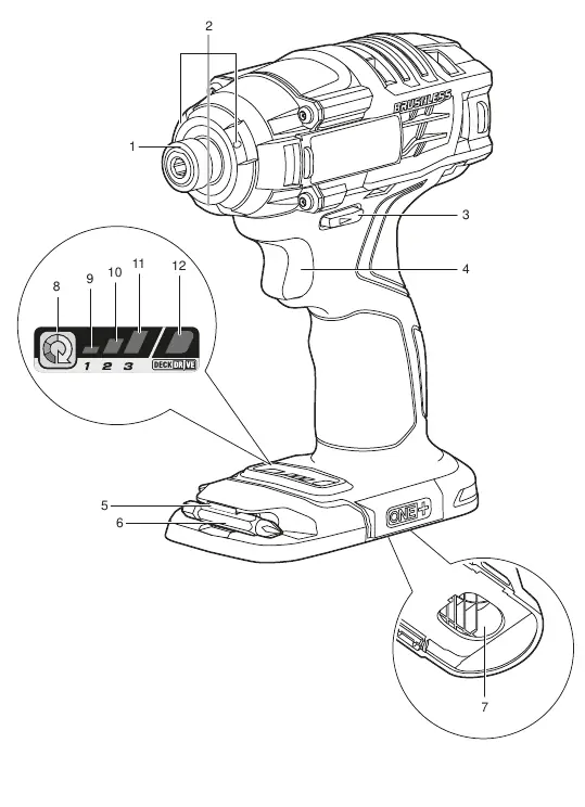 Diagram of the Ryobi 18V Brushless Impact Driver components.