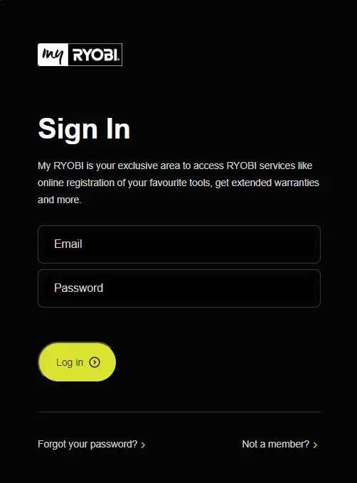 My RYOBI login and sign-up interface