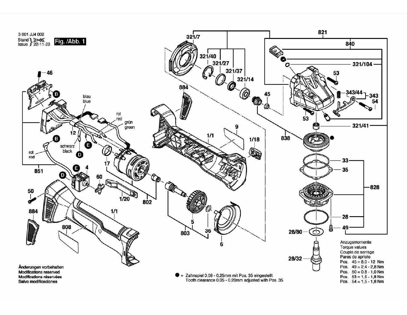 Exploded view of the Bosch GWS 18V-10 showing component assembly and torque specifications.