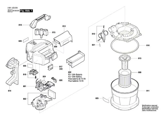 Exploded view of the main vacuum housing and motor assembly.
