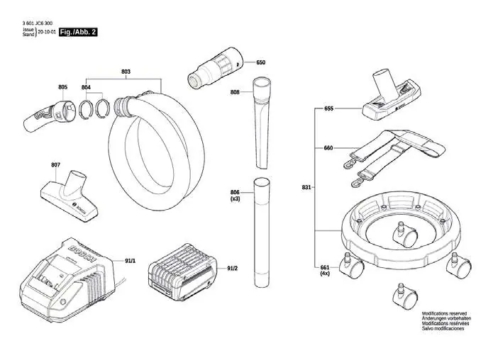 Exploded view of vacuum accessories and power components.