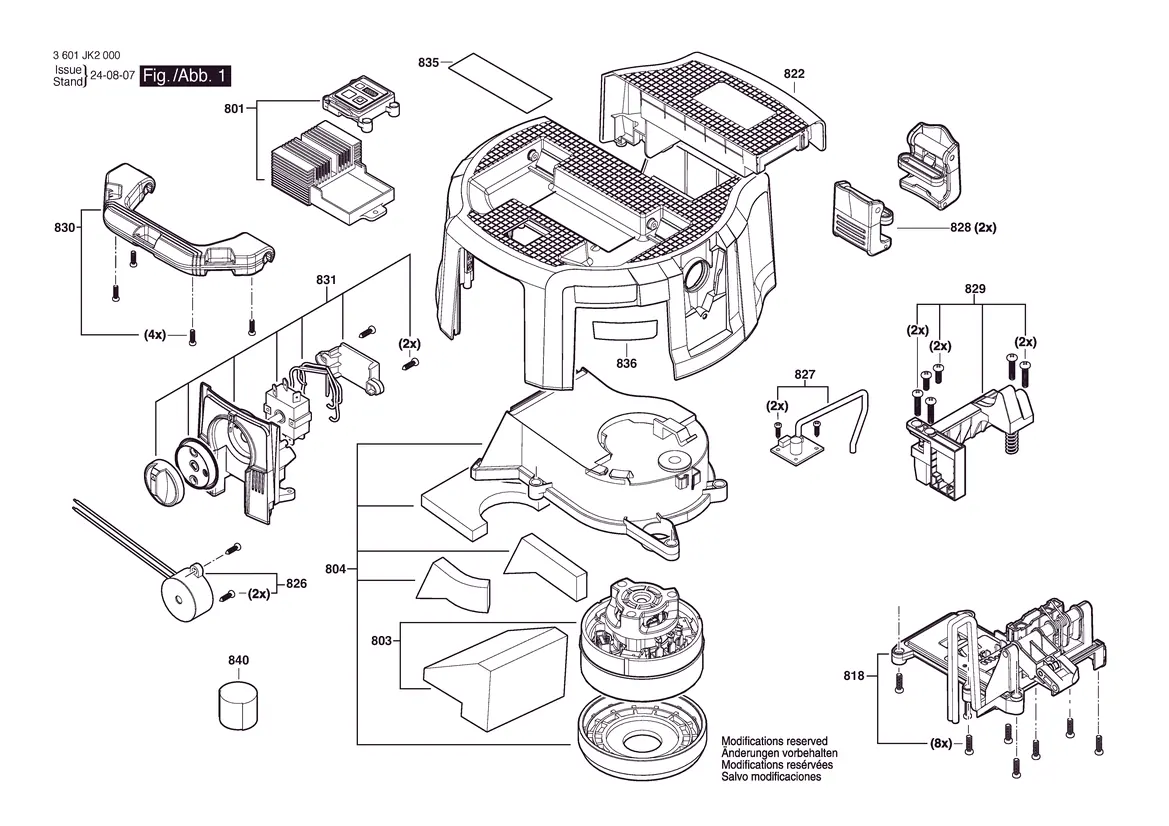 Exploded view of the main housing and motor assembly.