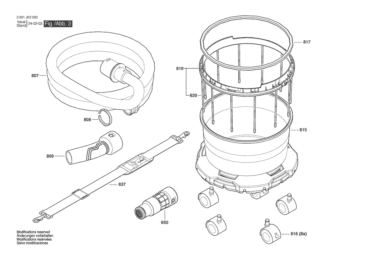 Exploded view of accessories, container, and wheels.