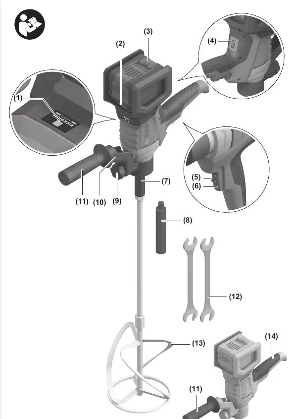 Overview of the Bosch GRW 18V-120 Professional mixer components.