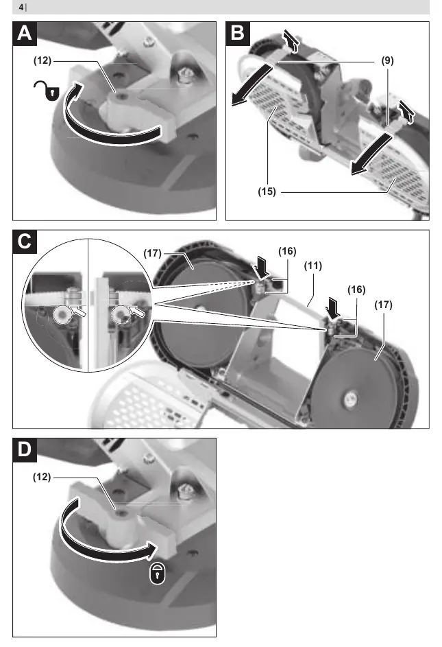Blade installation sequence (A-D).