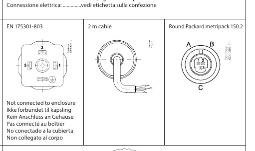 Wiring diagrams for EN 175301-803, 2m cable, and Round Packard Metripack 150.2 connectors.