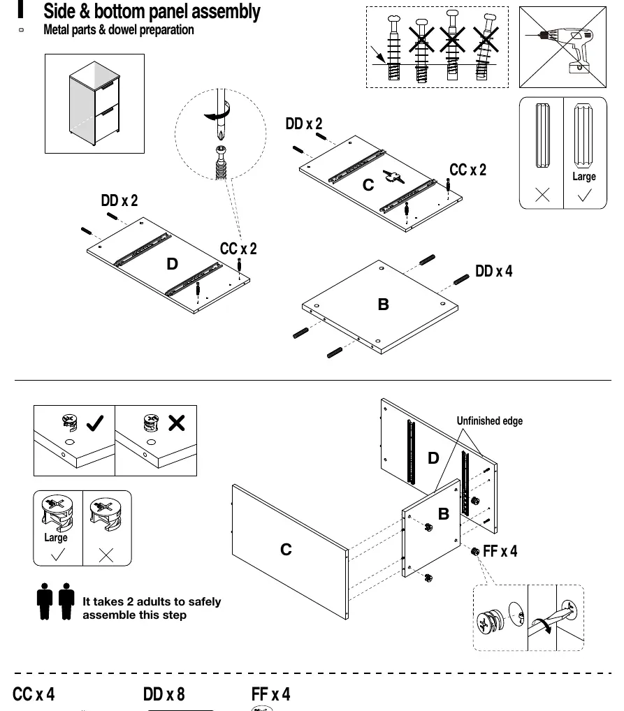 Step 1: Side & bottom panel assembly