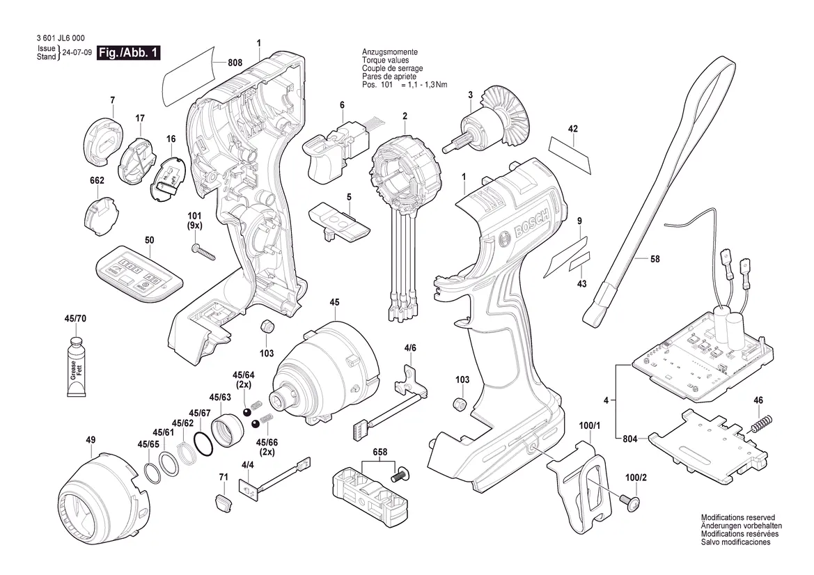 Exploded view of the Bosch GDR 18V-220 C impact wrench