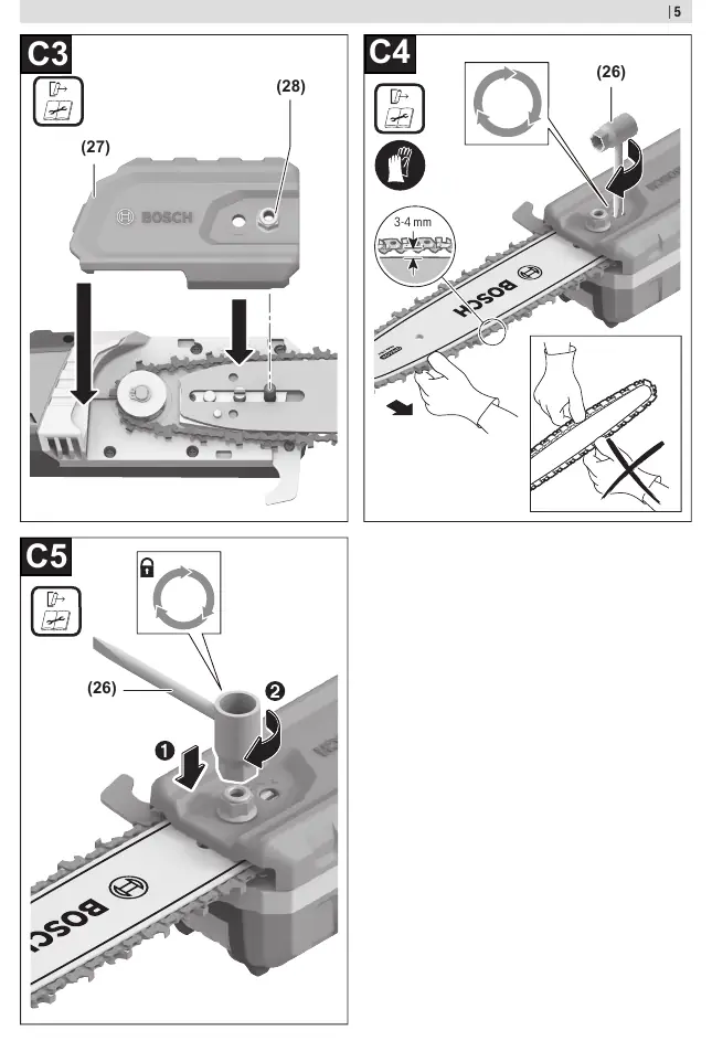 Mounting the chain bar and tensioning the saw chain