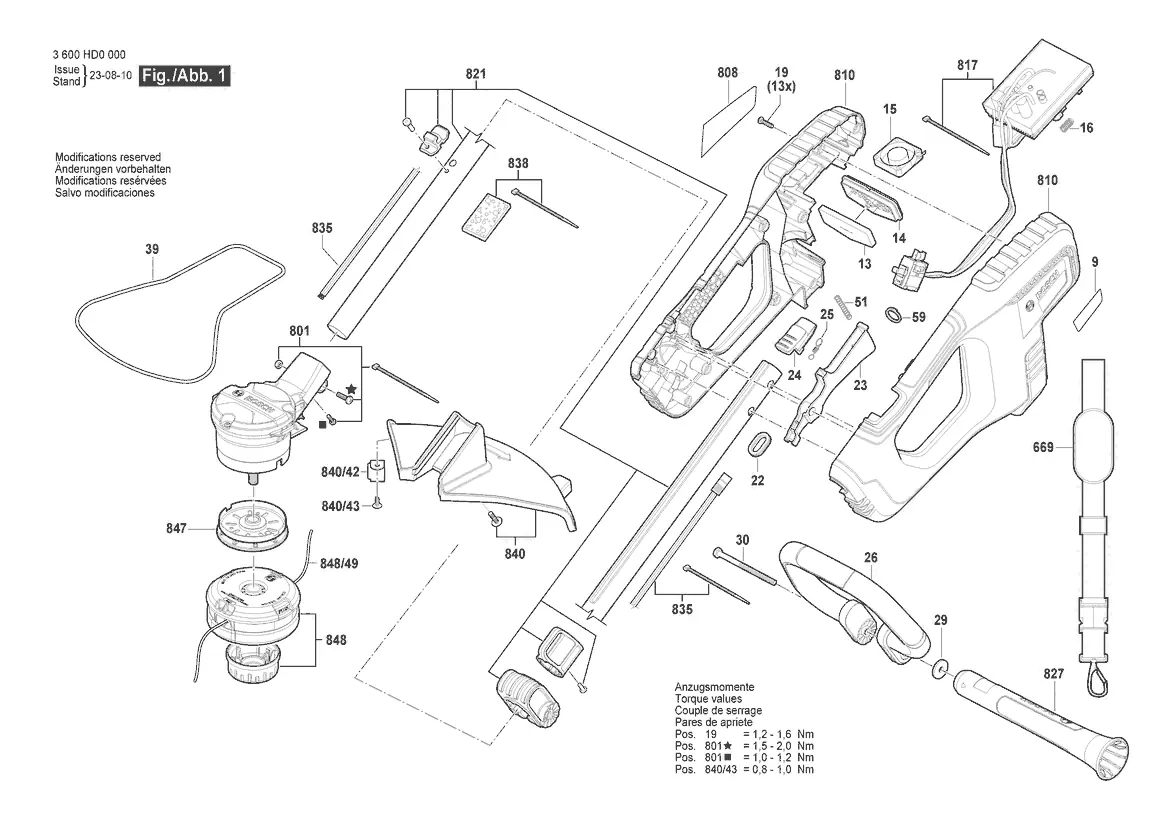 Exploded view of the GRT 18V-33 trimmer assembly