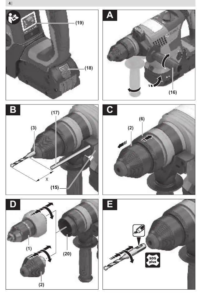 Assembly steps for auxiliary handle, depth stop, and chuck