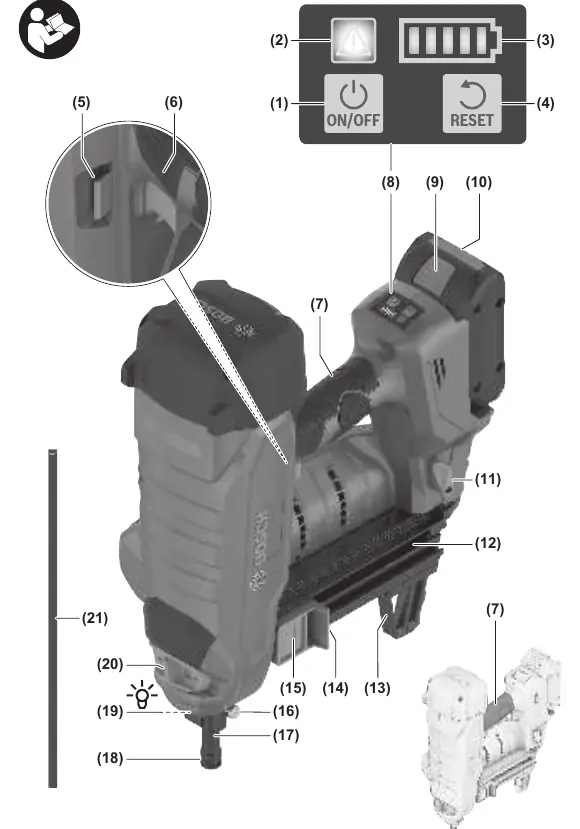 Overview of the Bosch GNB 18V-38 Professional nailer components.