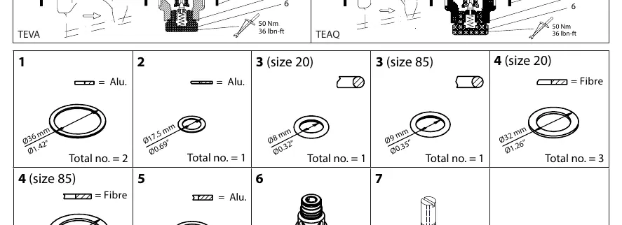 Parts list table identifying components 1 through 7 with sizes and materials.