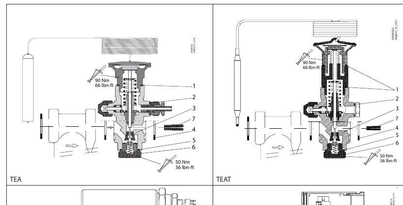 Exploded view diagrams for TEA, TEAT, TEVA, and TEAQ valves showing assembly points and torque requirements.