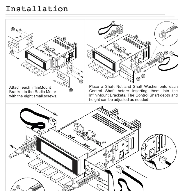 Installation steps for the InfiniMount brackets and control shafts.
