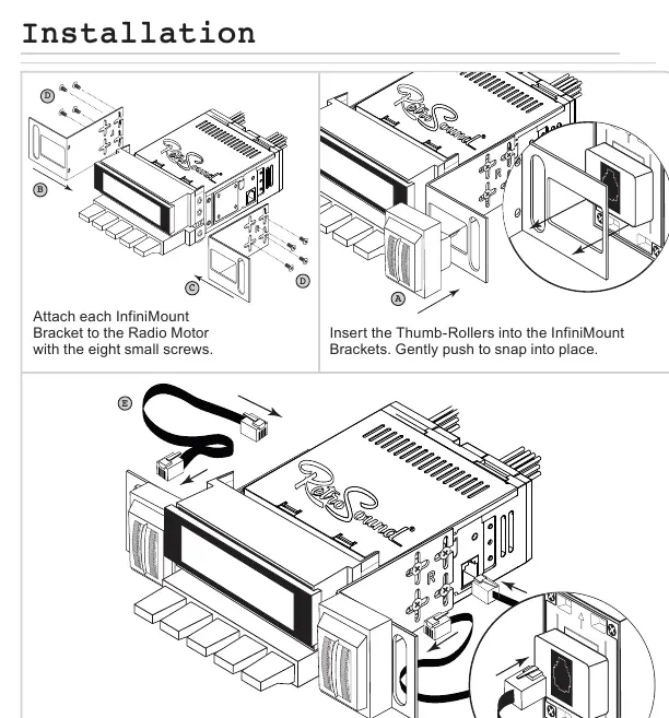 Installation steps for attaching brackets and connecting modular cables.