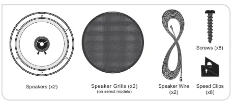 Included components: speakers, grills, wire, screws, and speed clips.