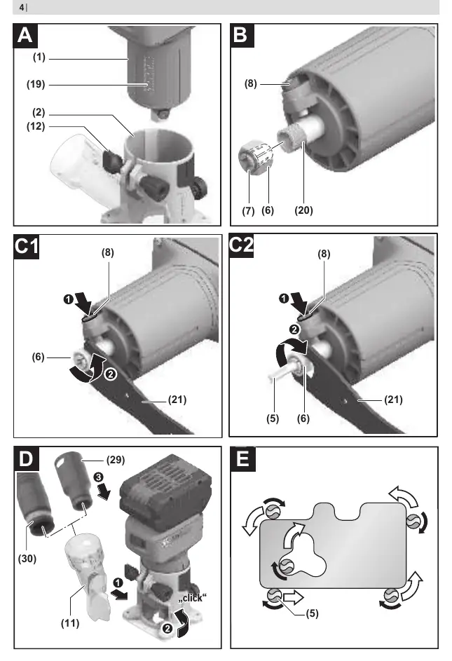 Steps for base removal, collet change, and bit fitting.