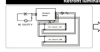Wiring diagram for retrofitting a luminaire with 2 lamps.