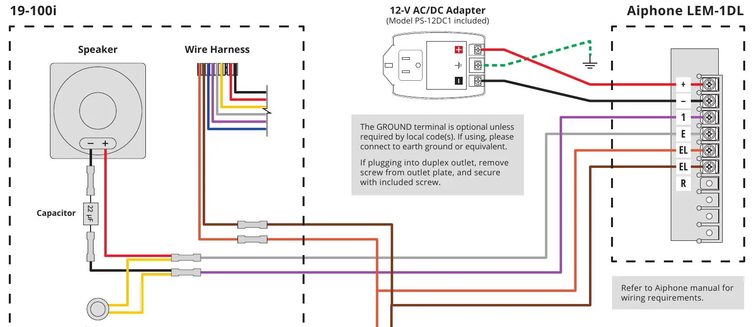 Wiring diagram for 19-100i to Aiphone LEM-1DL