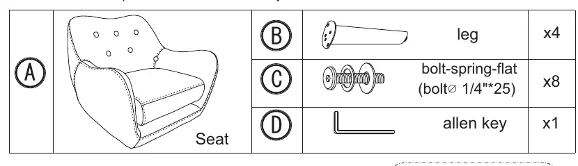 Parts list including seat, legs, bolts, and Allen key.
