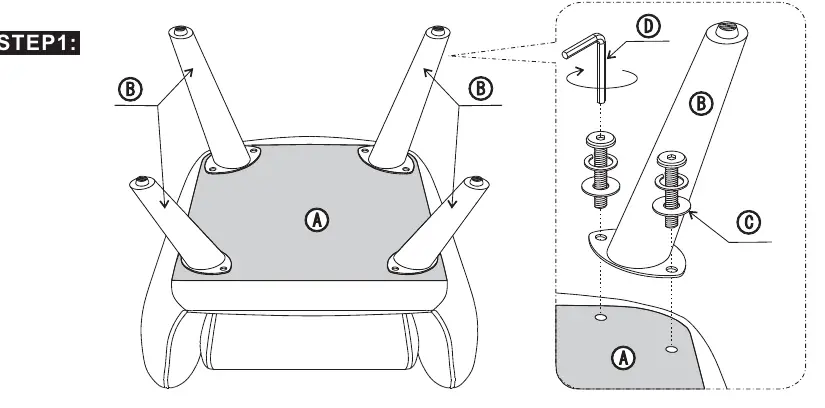 Step 1: Attaching the legs to the seat.