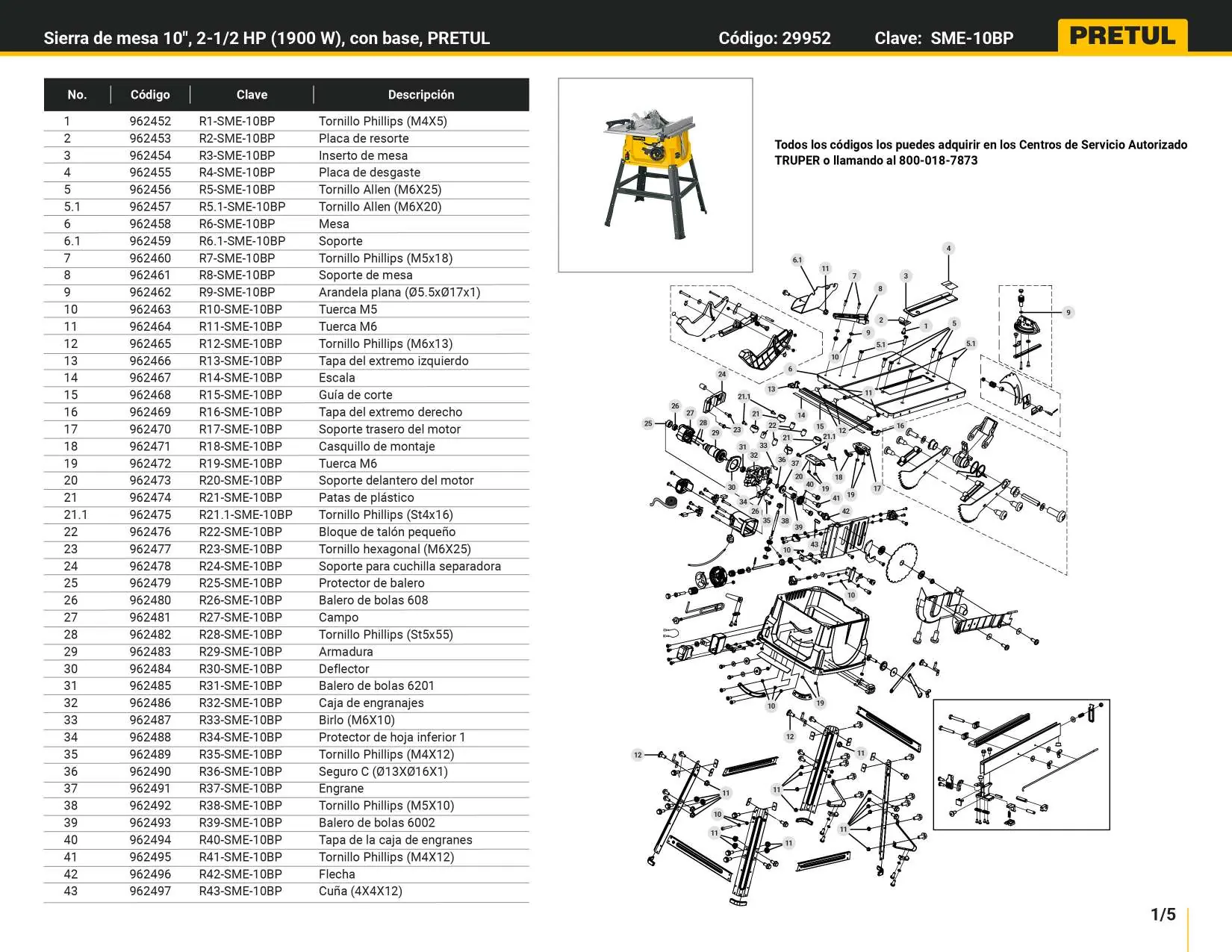 Exploded view of the main table saw assembly and base.