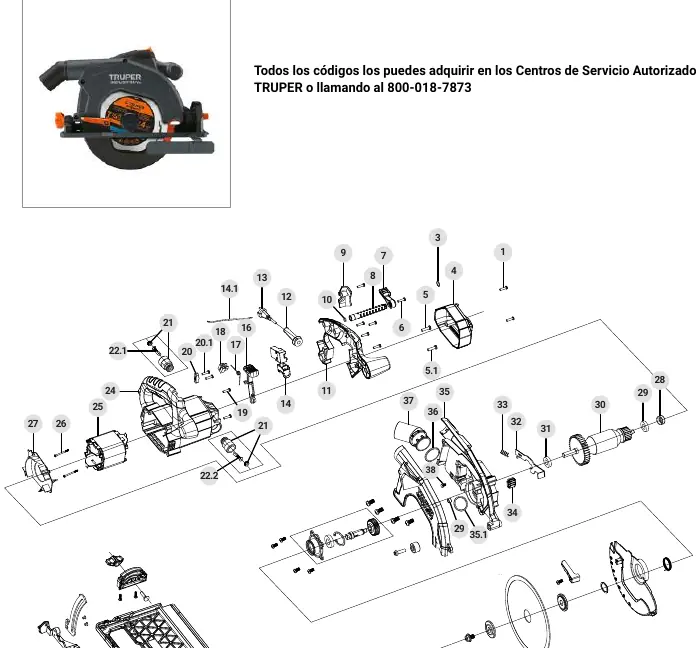 Exploded view diagram of the circular saw (Part 1)