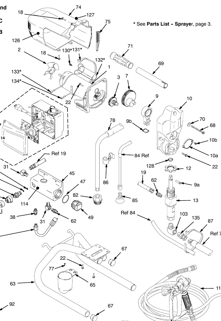 Exploded view of the 190ES Stand sprayer assembly.