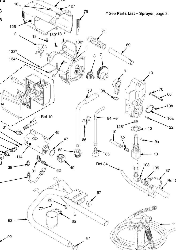 Exploded view of the 190ES Stand sprayer assembly