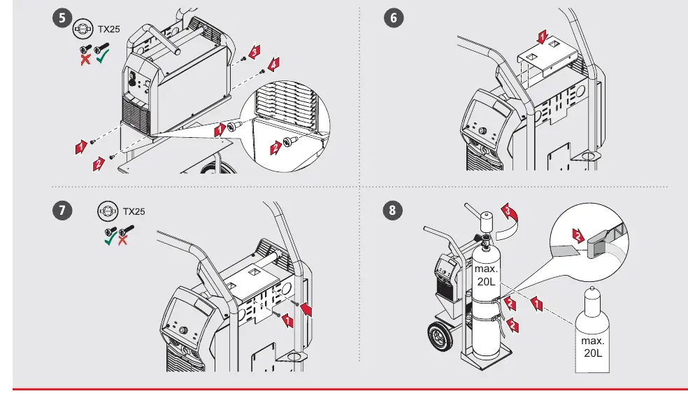 Securing the power source and mounting the gas cylinder