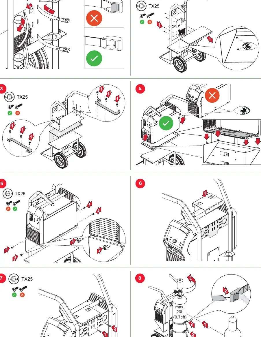 Assembly steps 1-8 for the welding cart and power source