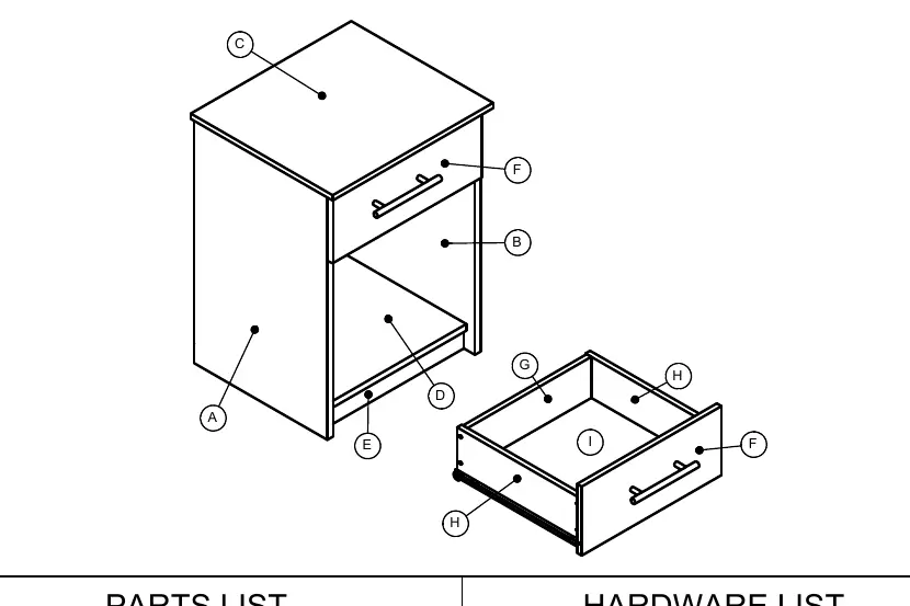 Exploded view of the nightstand