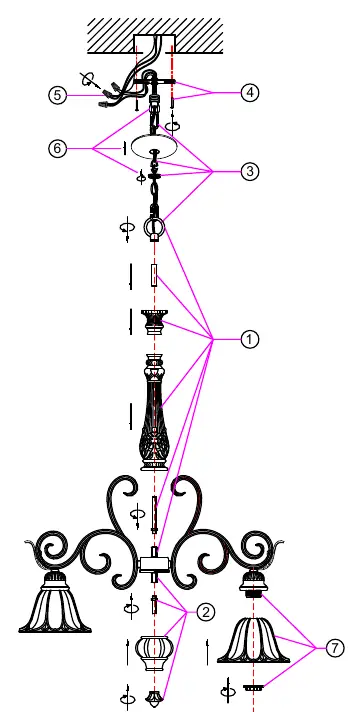 Assembly diagram for the chandelier components.