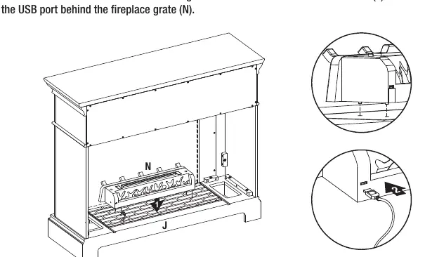 Step 6: Installing the fireplace grate and USB connection