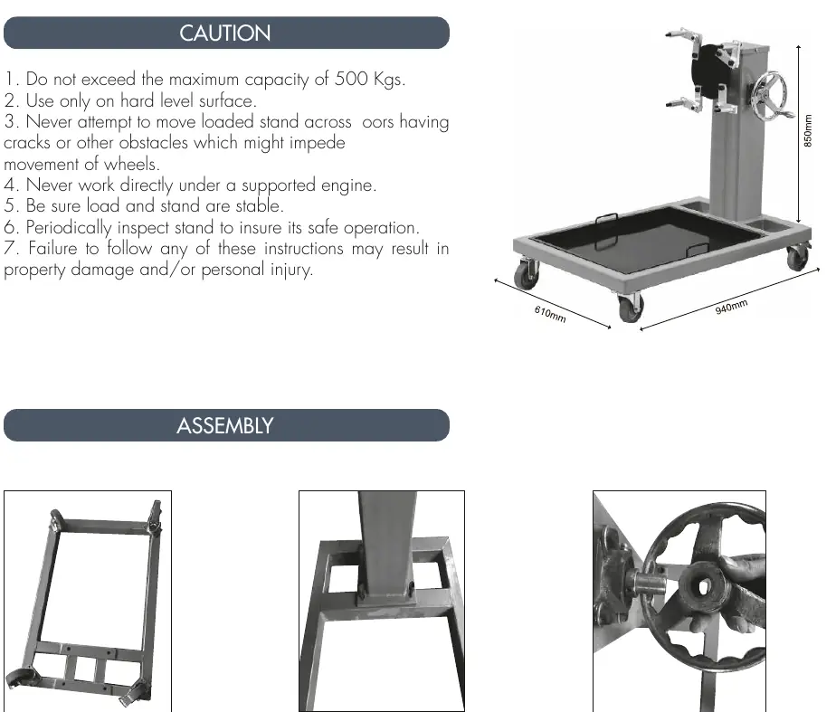 Assembly steps for the engine support stand, including base frame, vertical column attachment, and rotation handle installation.