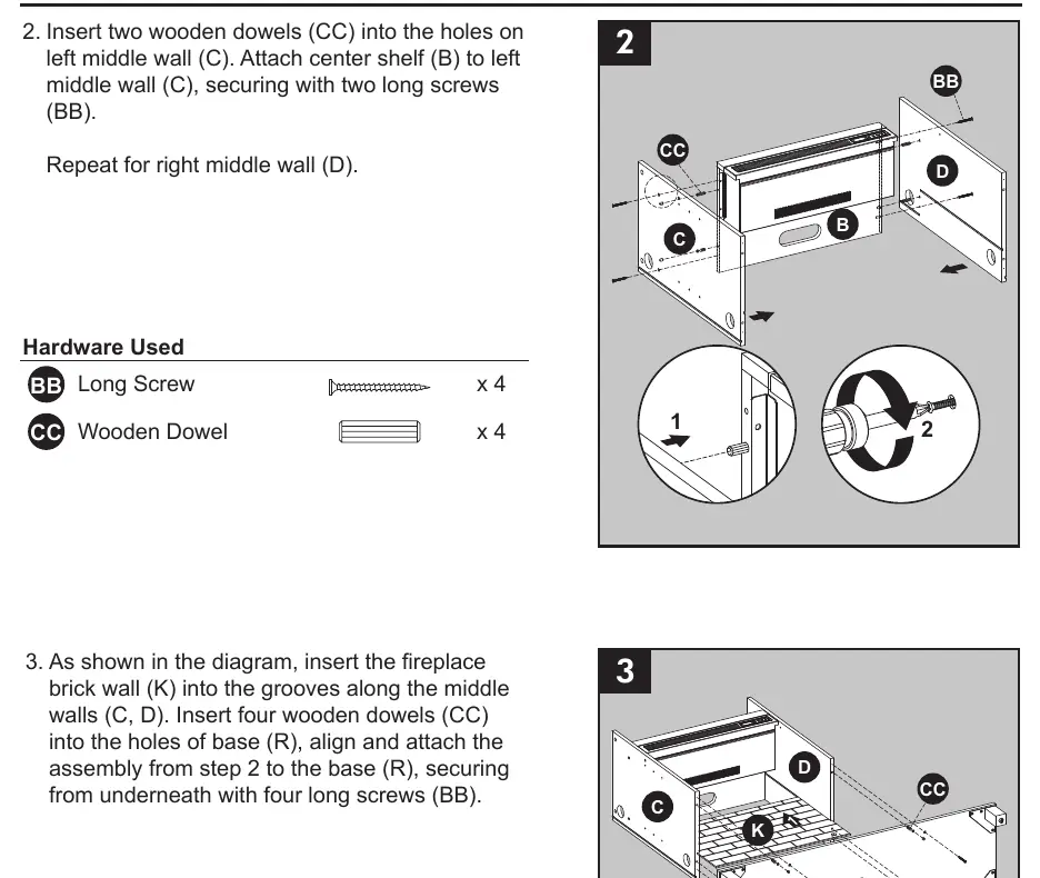 Attaching the center shelf (B) to the left (C) and right (D) middle walls using wooden dowels (CC) and long screws (BB).