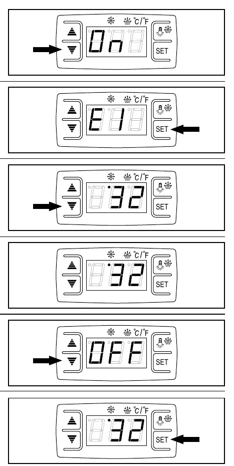 Step-by-step controller button sequence for temperature adjustment.