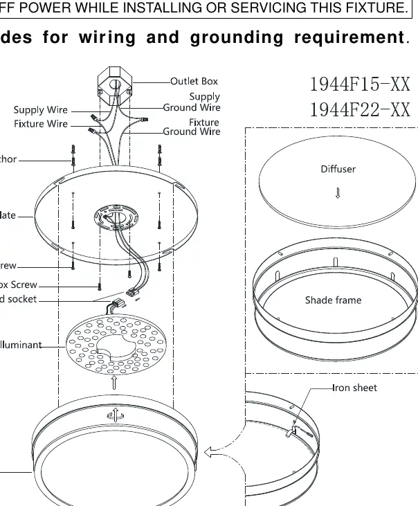 Installation and wiring diagram for the ceiling light fixture.