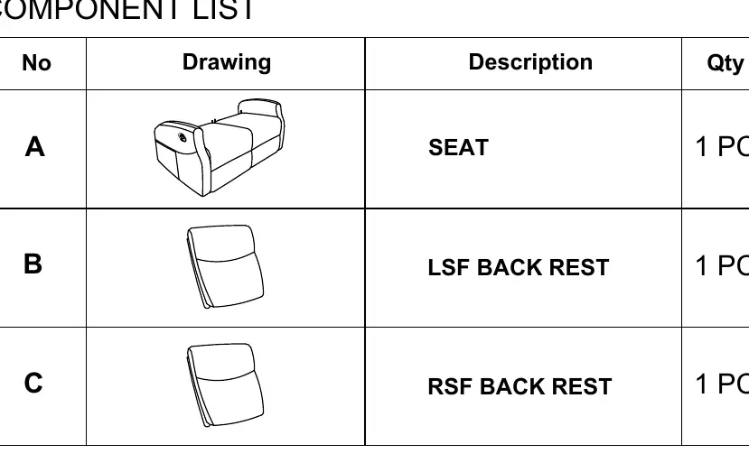 Component list showing the seat and back rests.