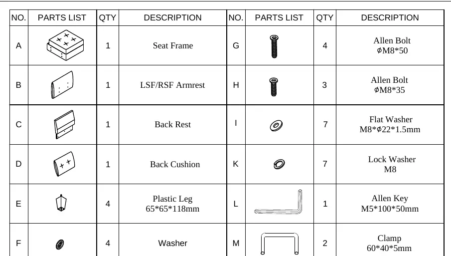 Parts list for Chair with One Arm