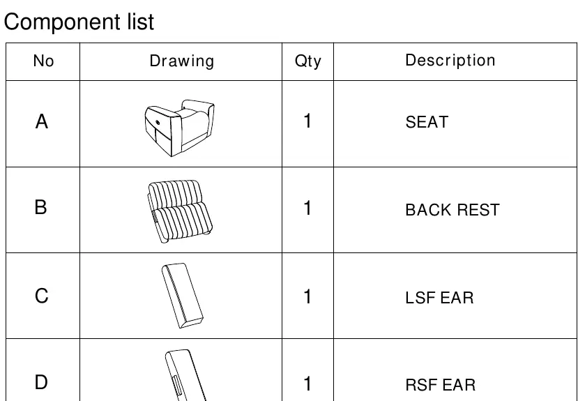 Component list showing parts A, B, C, and D.