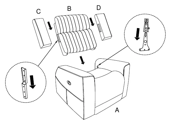Step 2: Attaching the backrest and ears to the seat.